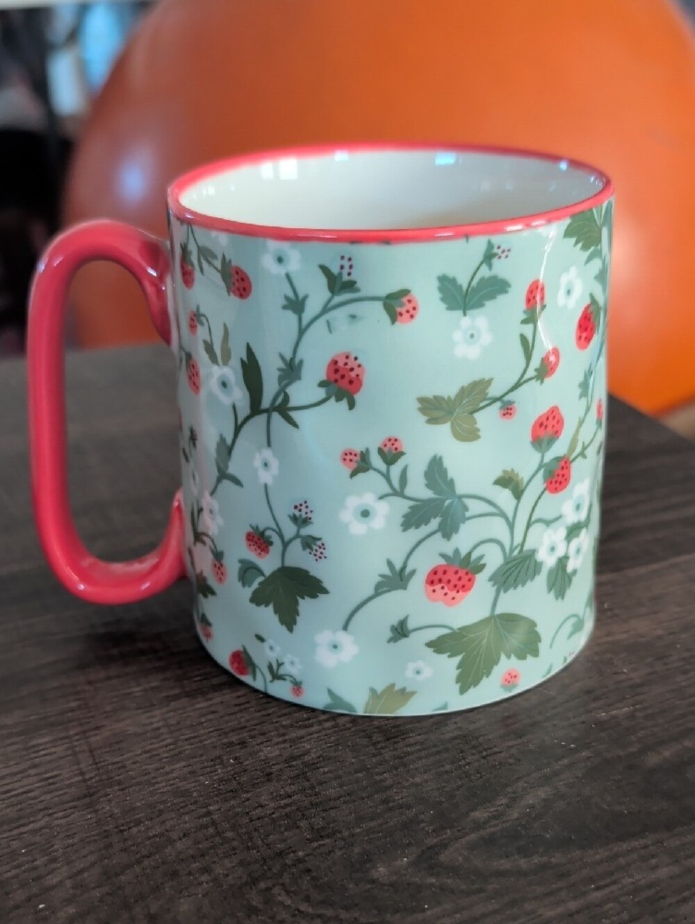 Mint Ceramic Mug with Strawberry Floral Pattern - Picture 2 of 4